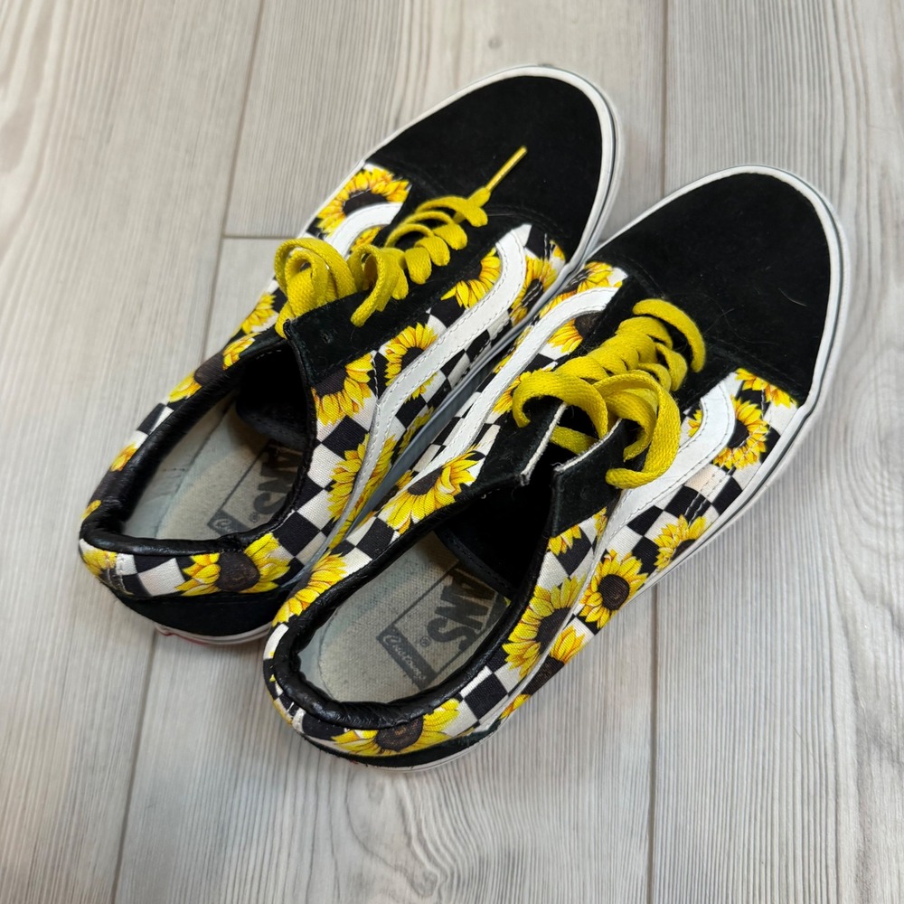 Vans Old Skool Customs Sunflower Checkerboard Sneakers Black Men 7 WMN 8.5 - Picture 5 of 9
